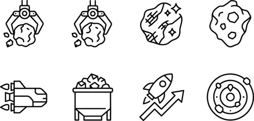 Mining Icons Set Featuring Robotic Claw Ore Rocket And Planetary Ring Illustrations excavation digging extraction industrial © arafat