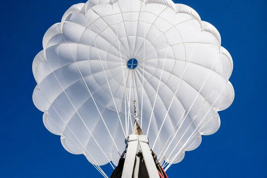 A large white parachute canopy fully deployed against a clear blue sky, low-angle view.