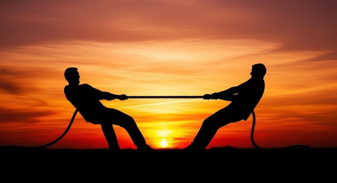 Silhouette tug of war at sunset with dramatic sky.