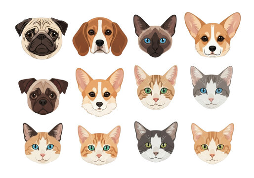 Twelve charming, minimalist flat vector domestic animal heads (cats and dogs) in a precise 4x3 grid on a clean transparent background, high contrast, top-down view. Concept for commercial design and