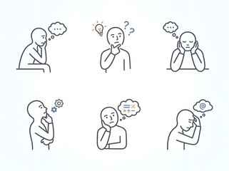 Fototapeta premium Set of line art icons showing people thinking and pondering with various thoughts.