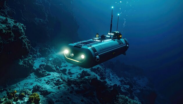 Underwater submersible exploring ocean floor terrain.