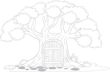Obraz premium Vintage Yoga Lotus Pose Under Tree in Sunlight, Hand Drawn Nature Landscape Sketch with Rustic Farm Village Style Vector Illustration and Retro Grunge Art Design