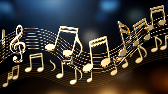 Golden music notes on sheet music, blurred blue and brown background, treble clef musical notes