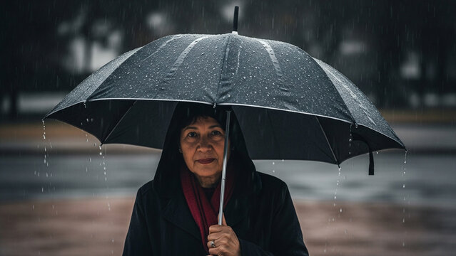 Mature Woman Under Black Umbrella in the Rain