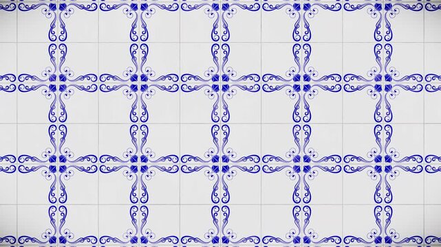 Abstract pattern background, vibrant blue ornate scrollwork on pure white ceramic tiles, seamless looping motion graphics background