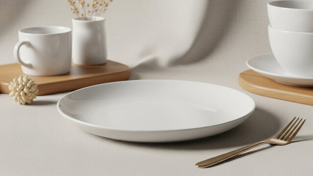 Empty White Ceramic Plate with Gold Fork and Tableware Mockup