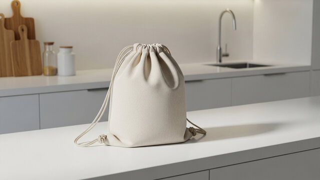 White Canvas Drawstring Bag Mockup on Minimalist Kitchen Counter