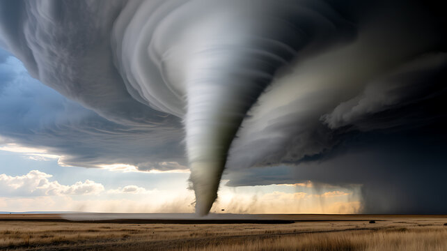 Tornado in a field, large funnel cloud with dark storm clouds landscape