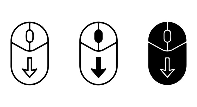 Computer Mouse Icons, Scroll Down Symbol Set, Digital Navigation Clicks, Vector Graphics