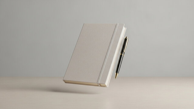 Minimalist Floating Beige Notebook and Elegant Black Pen Mockup