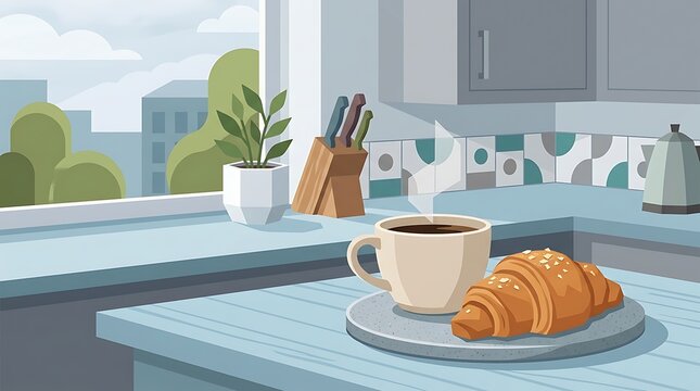 Modern kitchen breakfast with coffee and croissant vector illustration