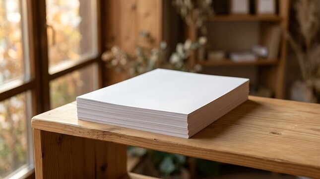 Blank Stack of White Paper on Wooden Table Mockup