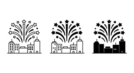 Cityscape Fireworks Icons, Festive Urban Celebration Vector Set, Modern Skyline Celebration Graphics © md