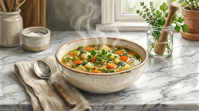 Steaming Bowl of Fresh Homemade Vegetable Soup on Kitchen Counter