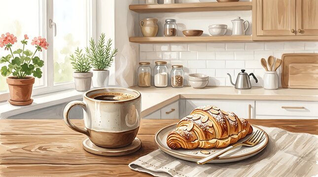 Cozy Morning Coffee and Almond Croissant in a Sunny Kitchen