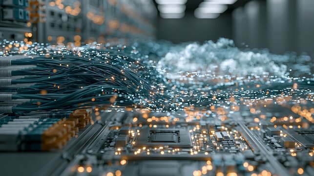 Fiber optic cables connected to cloud computing servers, holographic cloud interface, flowing digital particles, enterprise network infrastructure, premium technology concept,