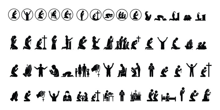 Christian Prayer Silhouette Icon Collection - Worship Faith Bible Church Cross Kneeling Prayer Praise Family Devotion and Religious Vector Icons