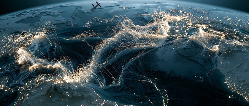 Global submarine fiber optic cable spanning the ocean floor, glowing data transmission lines, satellite links