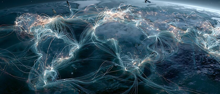 Global submarine fiber optic cable spanning the ocean floor, glowing data transmission lines, satellite links