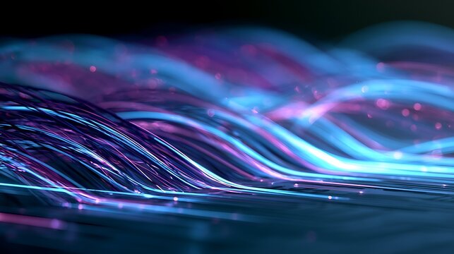 Glowing fiber optic cables weaving through an AI processor, luminous blue and violet light streams