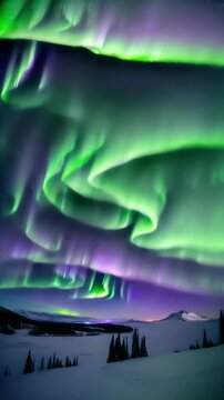 Green and purple aurora over snowy mountains