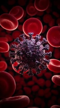 3D illustration of a virus pathogen among human red blood cells in the bloodstream depicting infection