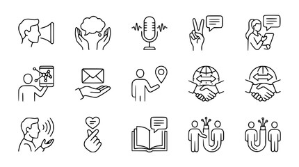 Fototapeta premium Communication and Connection Icons: Megaphone, Social Media, Voice, Email, Networking