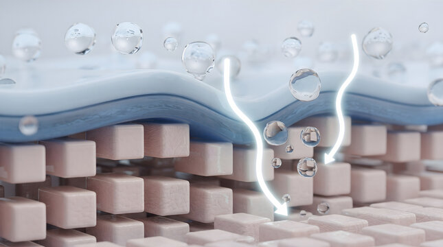 Hydrating water droplets penetrate the skin barrier to deliver deep moisture and plumpness. 3D rendering.