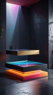 Floating shelves with colorful lighting effect.