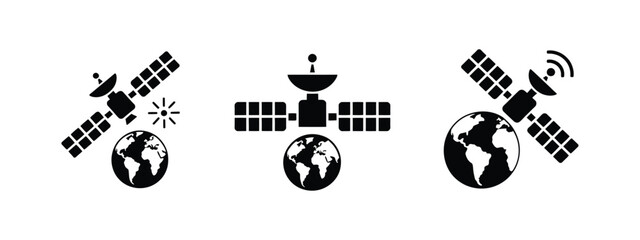 Satellite silhouette icon set, orbiting Earth symbols, space technology, communication satellite, aerospace vector ©  