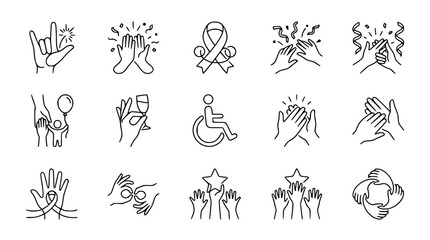 Fototapeta premium Set of Icons: Hands Gestures, Celebration, Support, Unity, Achievement