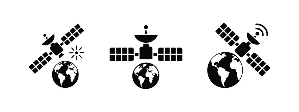 Satellite silhouette icon set, orbiting Earth symbols, space technology, communication satellite, aerospace vector