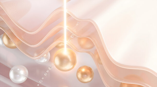 Precision laser beam activates deep golden collagen spheres to lift sagging skin layers. 3D rendering.
