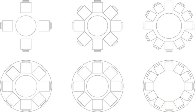 Architectural floor plan vector set featuring six round dining and conference table layout options with chair arrangement blocks,