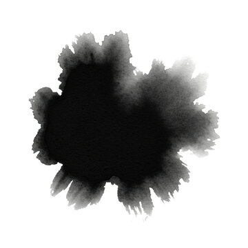 highly detailed, wet, asymmetric black sumi-e ink blot with visible watercolor granulation and feathered edges, diffusing on transparent paper background. concept of abstract texture study