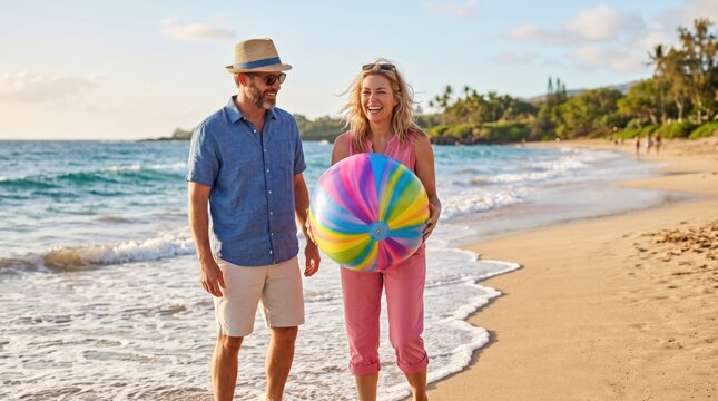 Man wearing a fedora and blue shirt and woman in pink clothes holding a colorful striped beach ball while walking together on a sandy tropical beach during a sunny day with ocean waves