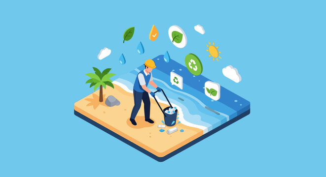 Man cleaning beach with lawnmower and bucket isometric illustration.
