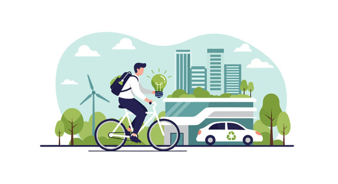 Man riding bicycle in eco-friendly city with green energy.