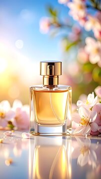 Perfume bottle on reflective surface outdoors.