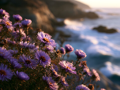 Purple asters growing near ocean