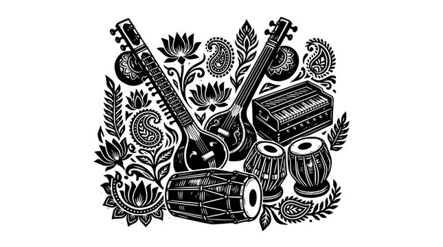 Traditional Indian musical instruments and floral patterns in vector illustration