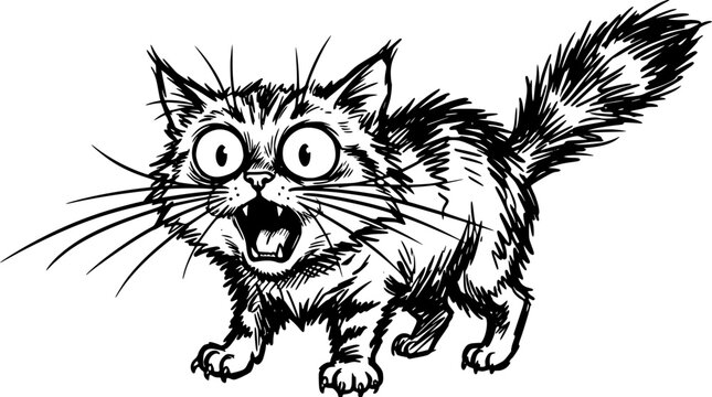 Furious cat with sharp teeth and wide eyes in aggressive stance