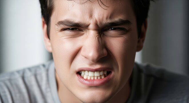 Young man showing intense anger and frustration expression.