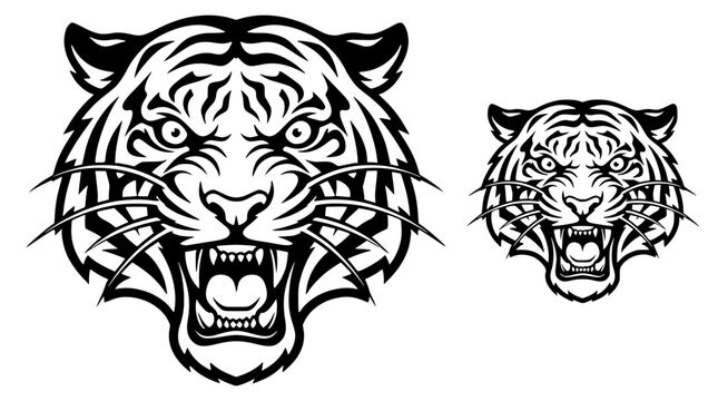 Black and white vector tiger head illustrations in aggressive poses