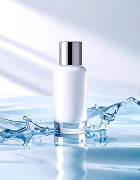 White cosmetic bottle with water splash.