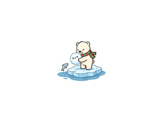 Cute Polar Bear Cub Wearing Scarf Hugging Smiling Snowball On Ice With Fish Nearby, Vector Illustration © makyas