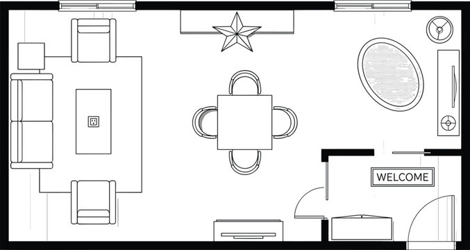 Modern architectural top view floor plan vector layout of living and dining room area with furniture outline blocks