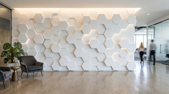 Modern office interior with honeycomb wall.