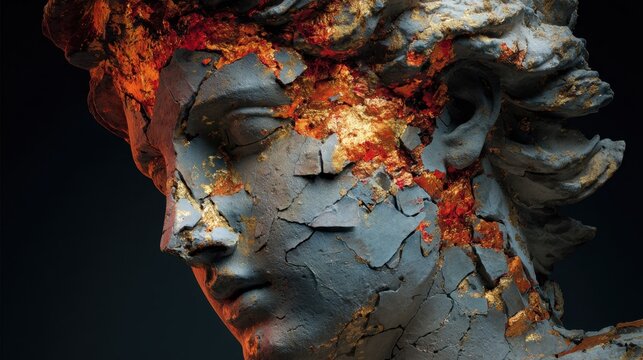 A marble statue of Aphrodite in which the face and upper contours erupt into vibrant splashes of molten gold and red-orange pigment, as if awakening and breaking away from the stone. The dark backgro